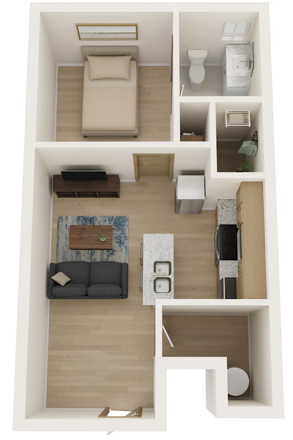 A top-down view of a small apartment with a bedroom, living room, and kitchen.