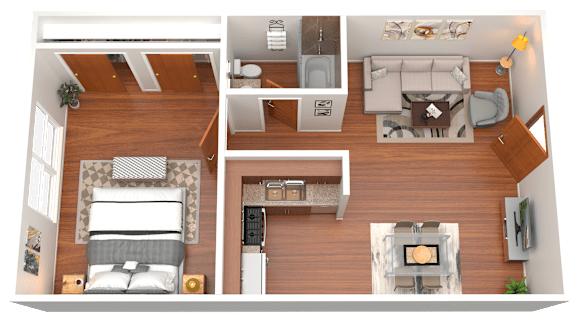 A 3D rendered image of a modern, well-furnished apartment.