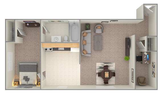A 3D rendered image of a small apartment layout.