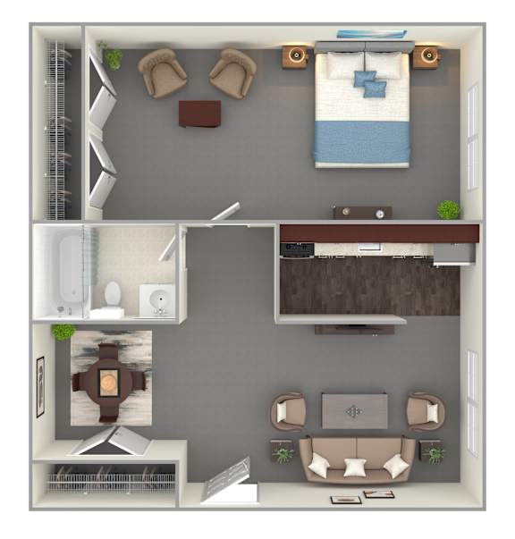 A top-down view of a living room with a couch, chairs, a television, and a fireplace.