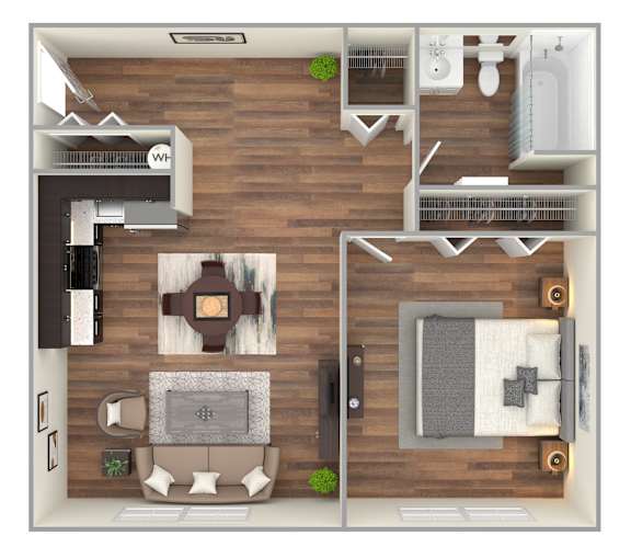 A top-down view of a modern apartment layout with a living room, kitchen, and bathroom.