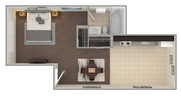 A 3D rendered image of a small apartment layout.