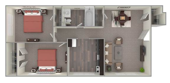 A top-down view of a small apartment with two bedrooms, a living room, and a kitchen.
