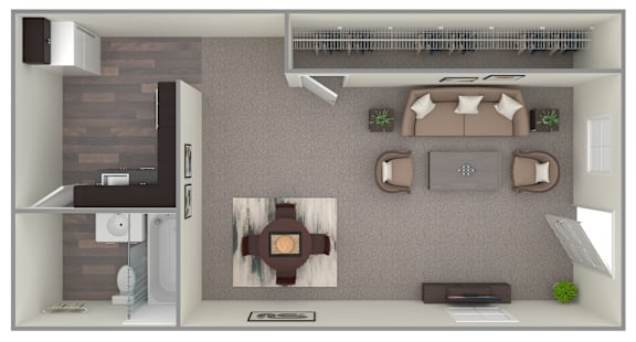 A top-down view of a modern kitchen with a dining area.