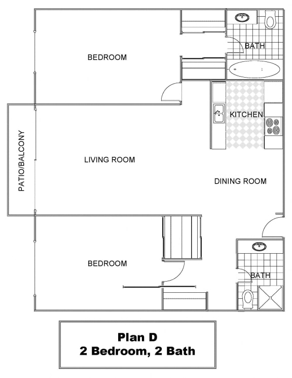 2 bedroom D floor plan at Camino de Oro Apartments, Torrance, CA, 90505