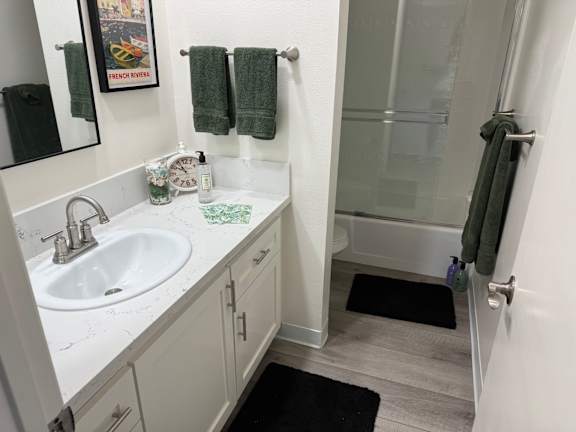 A bathroom with a white sink and a glass shower door.