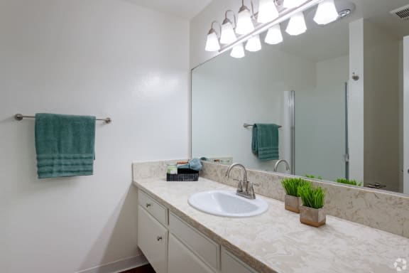 a bathroom with a sink and a mirror and a shower at Willow Tree Apartments, Torrance, CA
