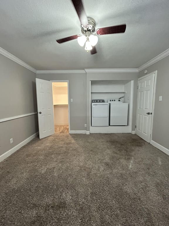A room with a ceiling fan and carpeted floor.