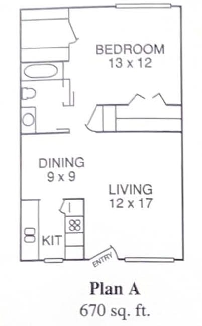 A drawing of a floor plan for a 670 sq. ft. apartment with a bedroom, dining area, living room, and kitchen.