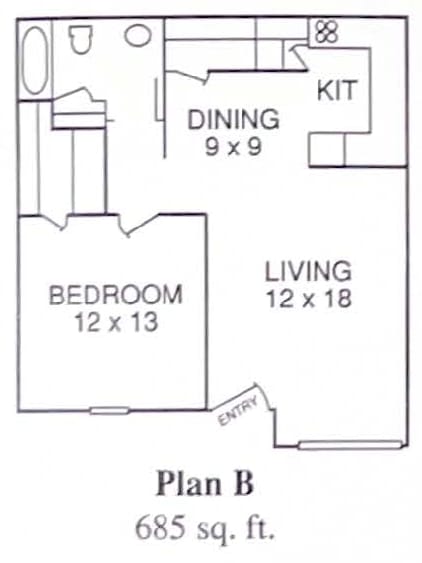 A floor plan of a 685 sq. ft. apartment with a living room, bedroom, and dining area.