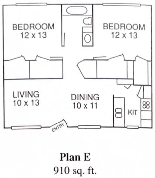 A drawing of a floor plan for a 910 square foot home.