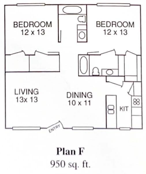 A floor plan of a 950 square foot home with two bedrooms, a living room, a dining room, and a kitchen.