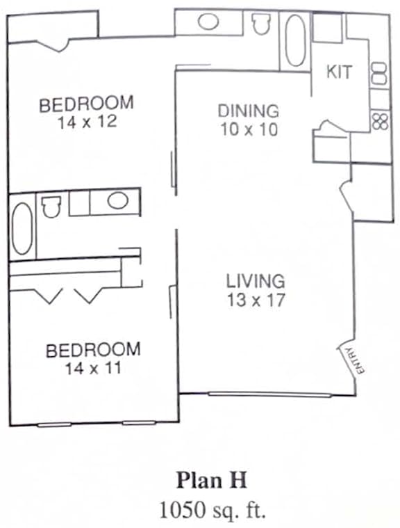 A floor plan of a 1050 sq ft home with a living area of 13x17 and two bedrooms.