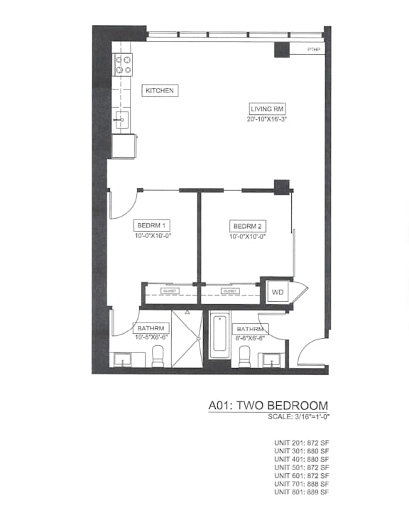 A black and white drawing of a two bedroom apartment.