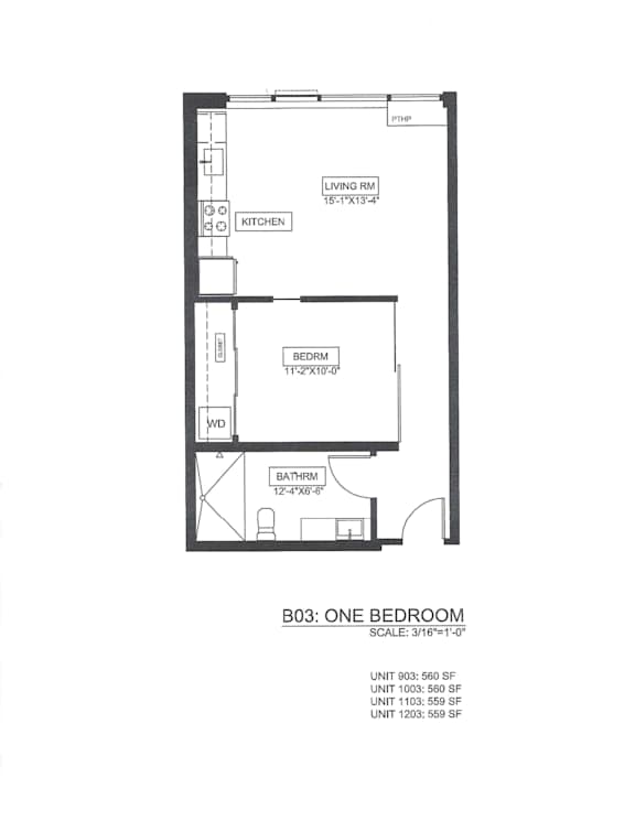 A floor plan of a one bedroom apartment with a kitchen and bathroom.
