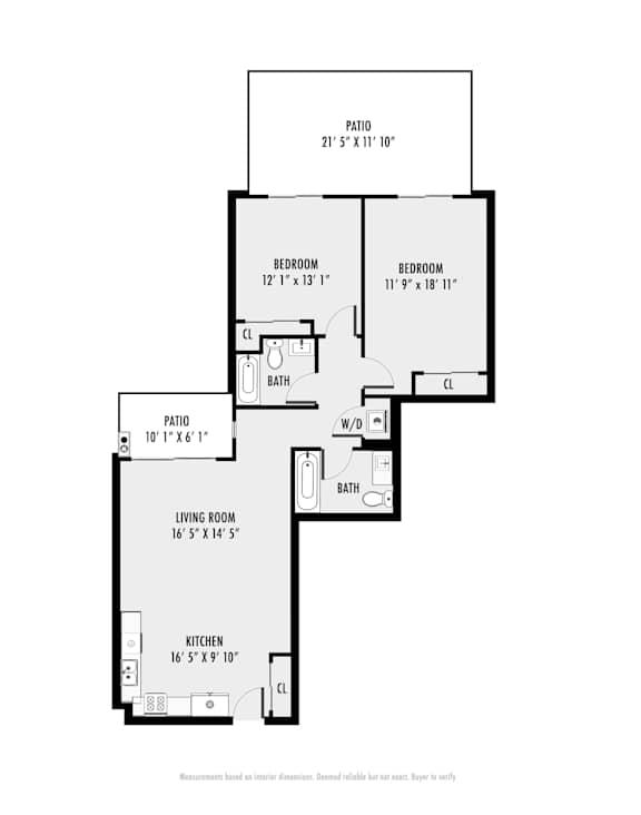 A floor plan of a house with a living room, kitchen, two bedrooms, a bathroom and a patio.