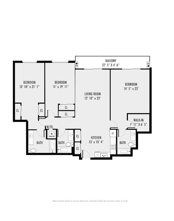A black and white image of a floor plan for a home with a balcony, three bedrooms, a living room, a kitchen, and two bathrooms.