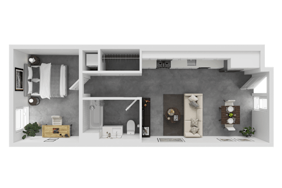 A black and white image of a house layout with a kitchen, living room, and bathroom.