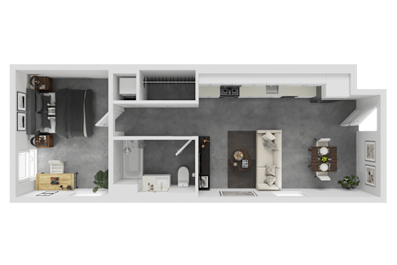 A 3D floor plan of a small apartment with a kitchen, bathroom, and living room.