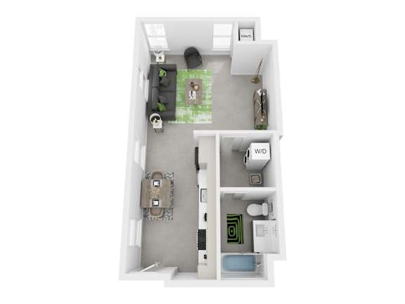 A top down view of a small apartment with a kitchen, living room, and bathroom.