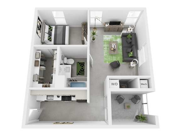 A top-down view of a small apartment with a kitchen, living room, and bathroom.