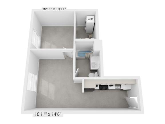 A floor plan of a small apartment with a kitchen area.