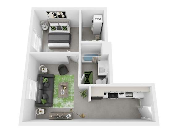 A floor plan of a small apartment with a bedroom, living room, and kitchen.