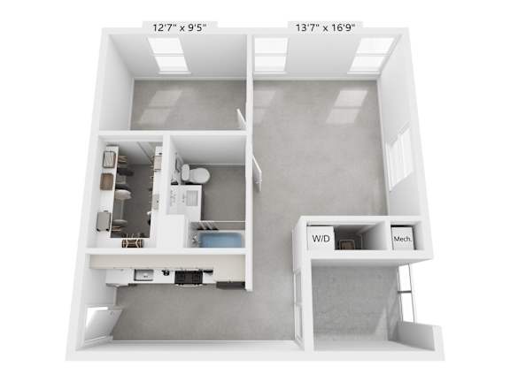 A floor plan of a small apartment with a kitchen, living room, and bathroom.