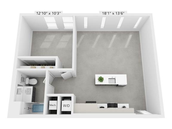 A 3D floor plan of a small apartment with a kitchen, bathroom and living room.