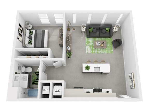 A top-down view of a small apartment with a kitchen, living room, and bathroom.