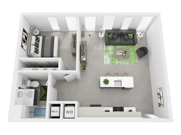 A top-down view of a modern apartment layout with a kitchen, living room, and bathroom.