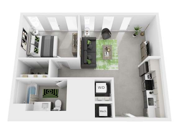 A white room with a green rug and a white shelf with a plant on it.