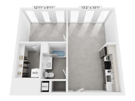 A floor plan of a small apartment with a kitchen, bathroom, and living room.