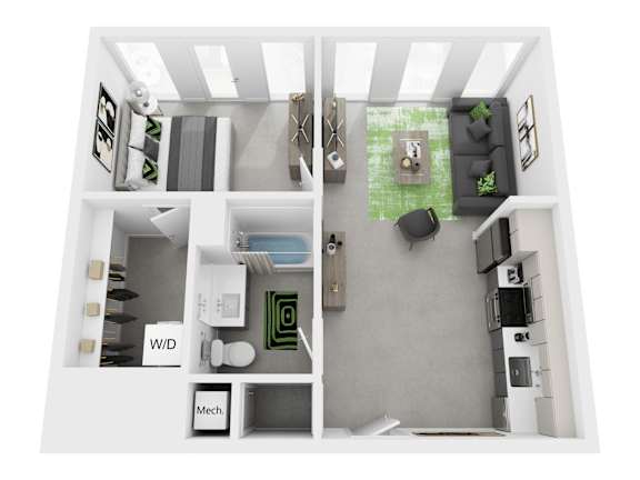 A top down view of a small apartment with a kitchen, living room, and bathroom.