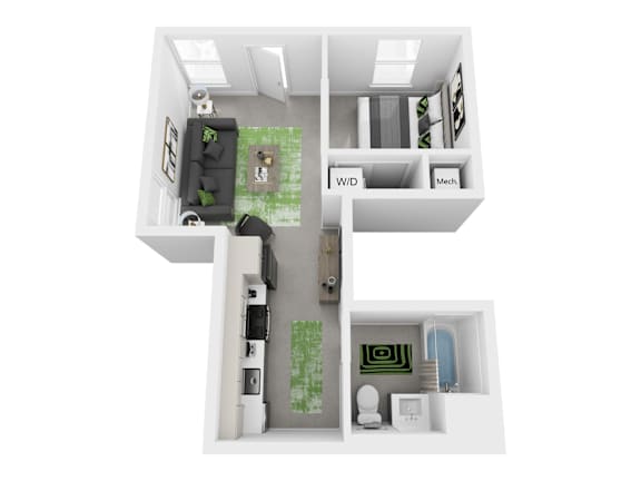 A floor plan of a house with a living room, kitchen, dining room, and bathroom.