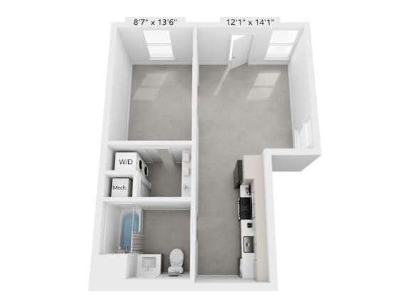 A diagram of a small apartment with a kitchen, bathroom and living room.