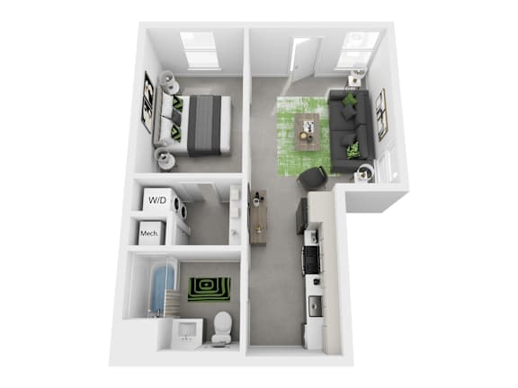 A top down view of a small apartment with a living room, kitchen, and bathroom.