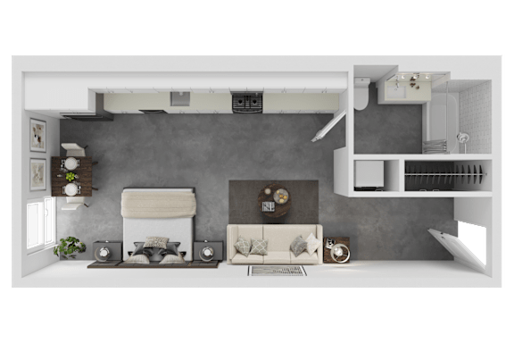 A modern living room with a fireplace and a sofa.