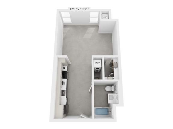 A floor plan of a small apartment with a kitchen and a bathroom.