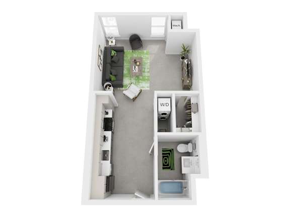 A floor plan of a small apartment with a kitchen, living room, and bathroom.