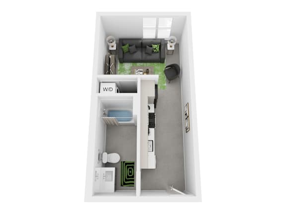A white box with a green rug and a black speaker.