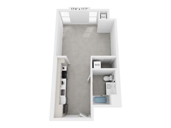 A floor plan of a small apartment with a kitchen, living room, and bathroom.