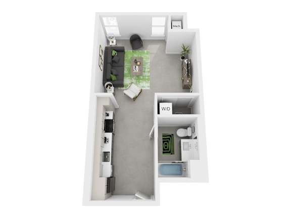 A top down view of a small apartment with a kitchen, living room, and bathroom.