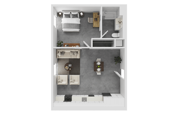 A top-down view of a small apartment with a bedroom, living room, and kitchen.