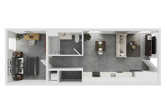 A top-down view of a small apartment with a kitchen, living room, and bathroom.