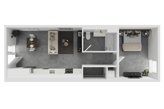 A top-down view of a small apartment with a kitchen, living room, and bathroom.