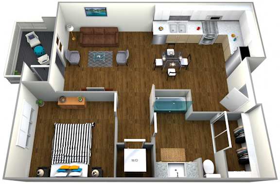 A 3D floor plan of a small apartment with a kitchen, living room, and bathroom.