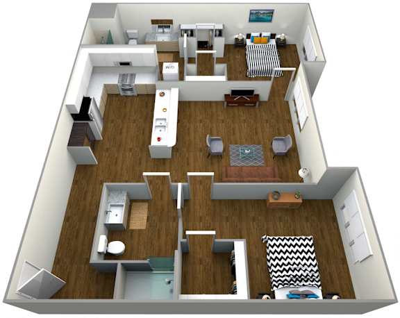 A 3D floor plan of a house with a living room, dining room, kitchen, and two bedrooms.