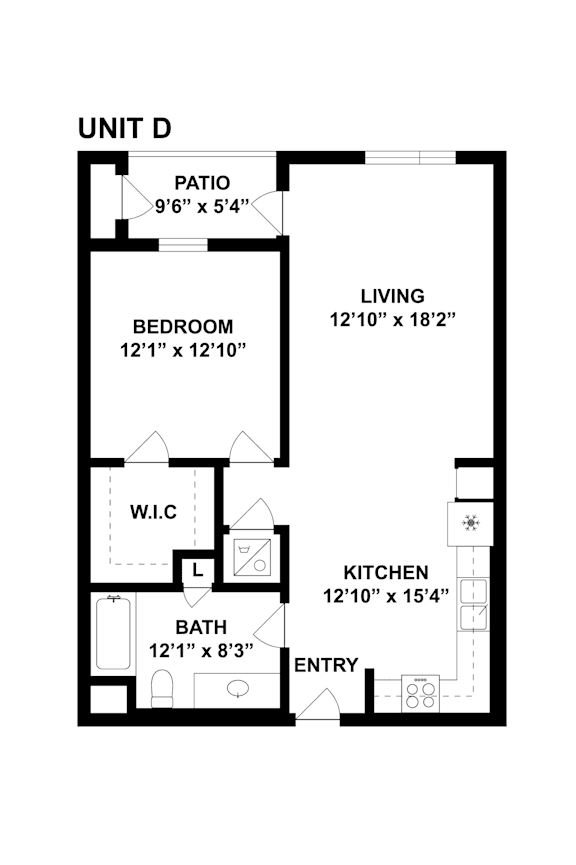 A floor plan of a unit with a bedroom, bathroom, kitchen, living room and a patio.