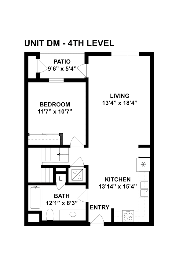 A floor plan of a 4th level unit with a living room, kitchen, bathroom, bedroom and patio.
